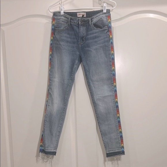 Anthropologie Driftwood Jackie Embroidered Rainbow Raw Hem Chevron Jeans - Picture 1 of 6
